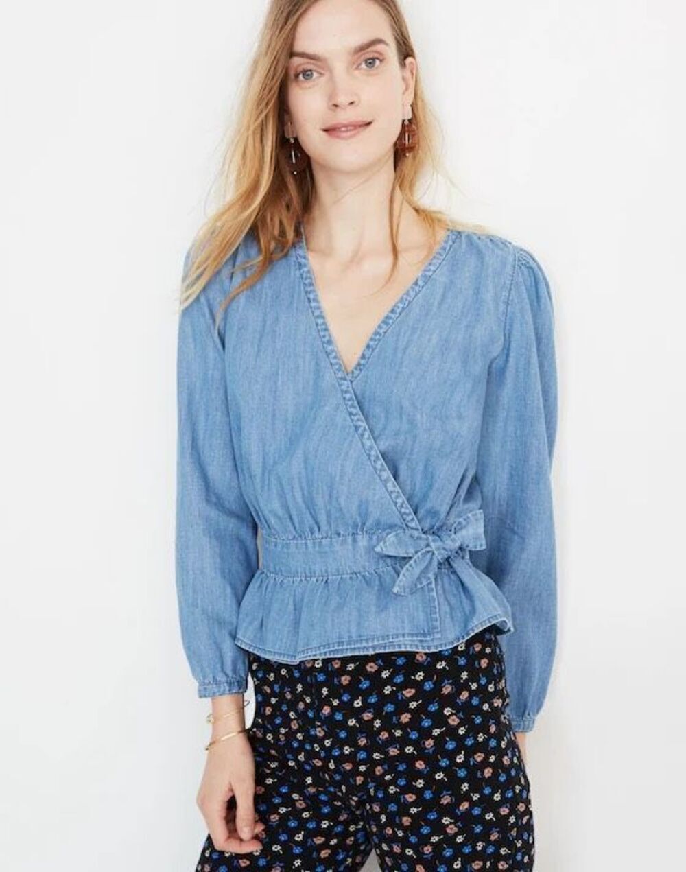 Madewell Denim Puff-Sleeve Peplum Wrap Size XS